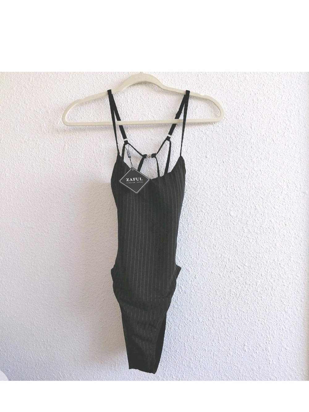 NWT Zaful Strappy One Piece Swimsuit Black Striped Size M